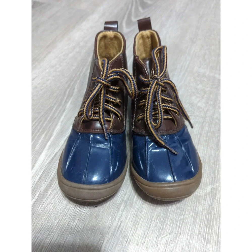 Lucky Top Ducko Childs Navy And‎ Brown Tie Up Rain Boots Size 7